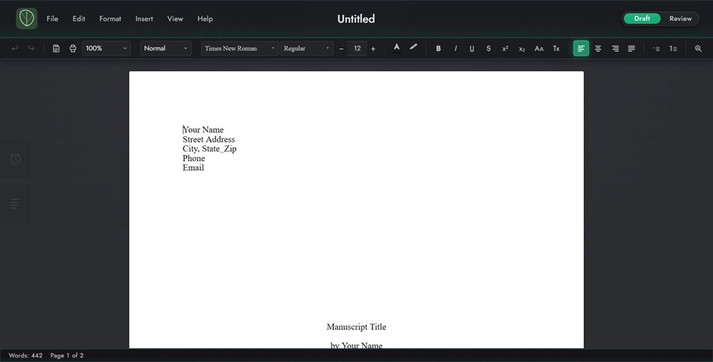 The Draft workspace and its main areas: chrome row, format ribbon, page, edge tabs, and status bar.