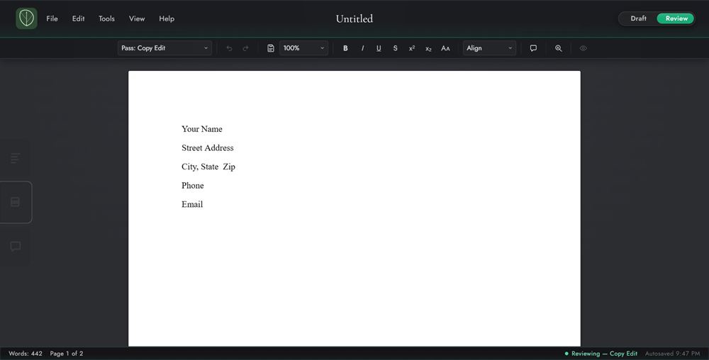 The Review workspace and its main areas: ribbon, edge tabs, and status bar.