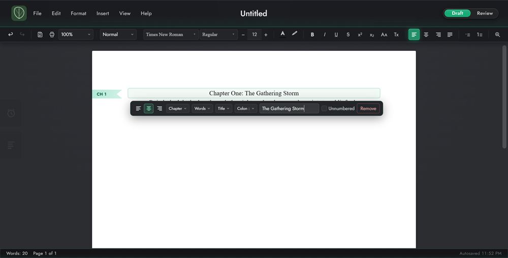 The chapter heading editor on the page, with the CH 1 ribbon in the margin and the control bar beneath the heading.